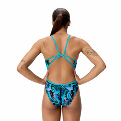 Speedo women's printed web back swimsuit in black and multi-colored design, featuring a supportive fit and stylish swimwear.