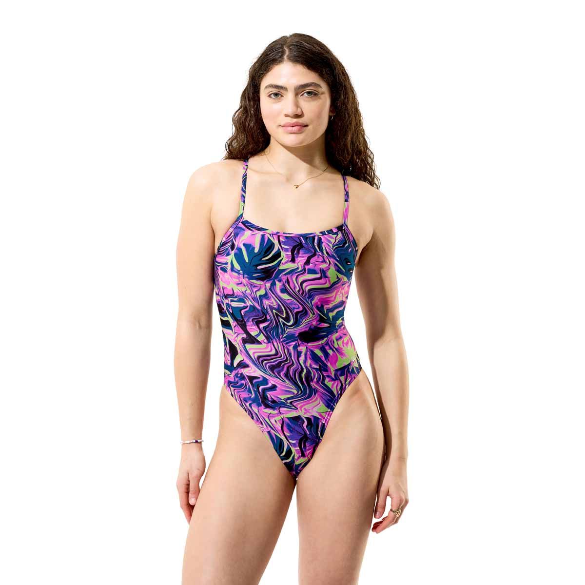 Speedo women's printed web back swimsuit in Techno Jungle-Orchid Shine with vibrant jungle and orchid print design.