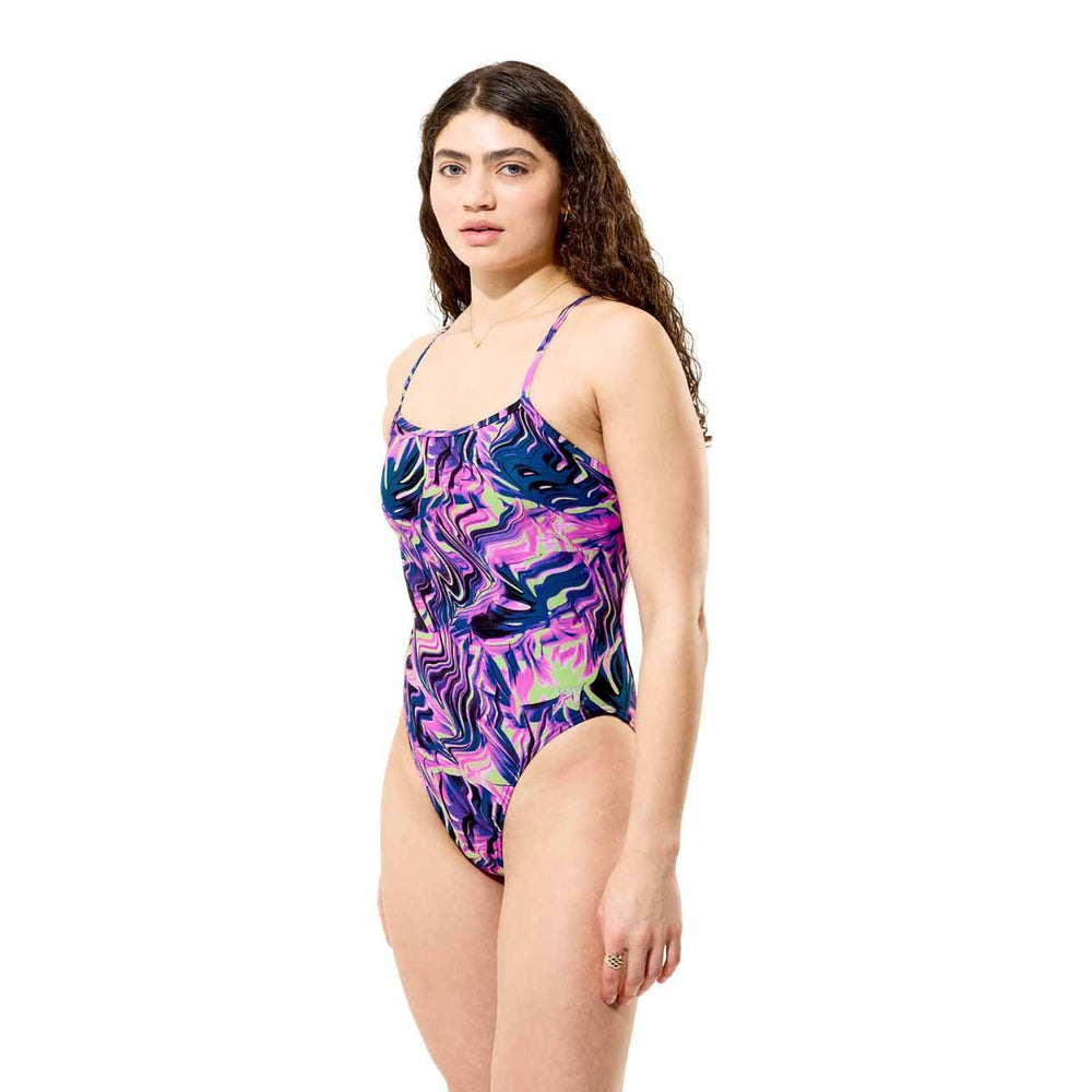 Speedo women's printed web back swimsuit in techno jungle orchid shine with vibrant jungle-inspired pattern and sleek design.