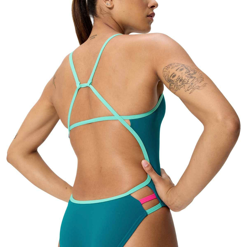 Speedo women's peacock blue solid tri-back swimsuit, lightweight and comfortable swimwear for women.