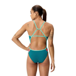 Speedo women's solid peacock-colored tri-back swimsuit with supportive design and sleek fit, ideal for competitive swimming.