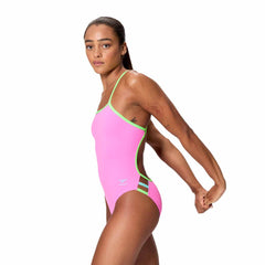 Speedo women's neon flamingo solid tri-back swimsuit, vibrant swimwear with sporty design and supportive fit.