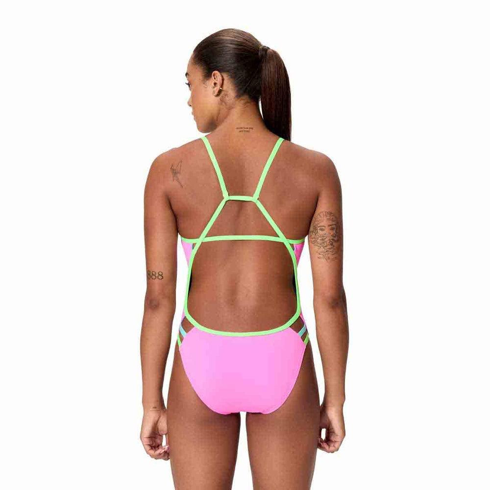 Speedo women's neon flamingo solid tri-back swimsuit, vibrant swimwear with supportive design and sleek fit, perfect for swimming.