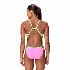Speedo women's neon flamingo solid tri-back swimsuit, vibrant swimwear with supportive design and sleek fit, perfect for swimming.