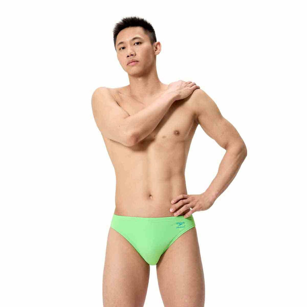Speedo men's solid brief in screaming green, swimwear with a snug fit and elastic waistband for comfortable swimming.
