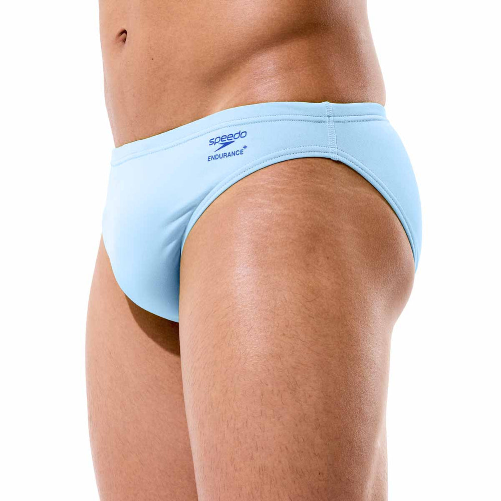 Speedo men's solid brief swimwear in blue, featuring a snug fit and classic design, suitable for competitive and leisure swimming.