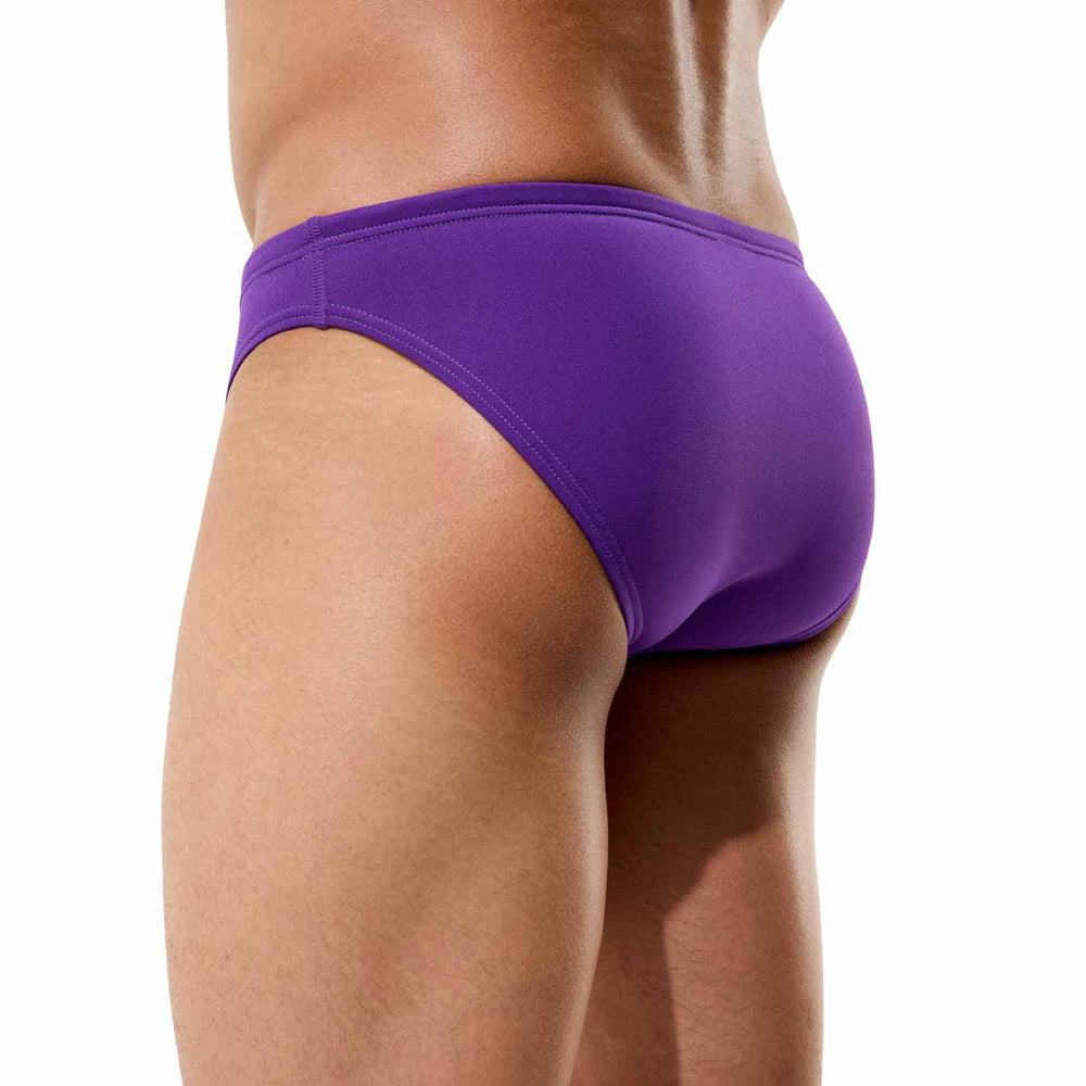 Speedo men's solid briefs in grape soda color, showcasing classic swimwear design with a snug fit and bright, vibrant fabric.
