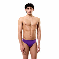 Speedo men's solid brief in grape soda color, showing the snug fit and elastic waistband of the swimwear.