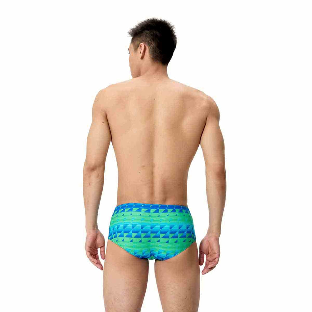 Speedo men's printed 13.5cm briefs with quilt triangle pattern in blue and green, featuring a comfortable fit and elastic waistband.