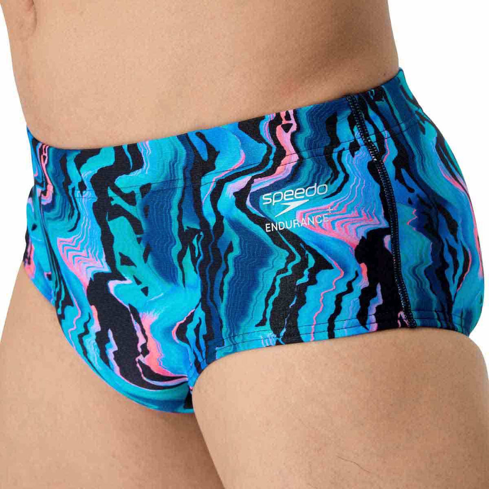 Speedo men's ML printed 13.5cm briefs featuring canyon ombre and black colors, designed for comfortable swimwear.