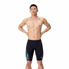 Speedo men's printed side spliced jammer featuring firework burst and black design, suitable for competitive swimming.