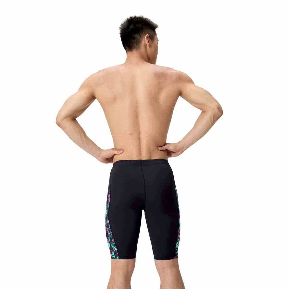 Speedo men's printed side spliced jammer with firework burst design in black, showcasing a sleek swimwear style.