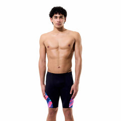 Speedo men's spliced printed jammer in Brushy Glitch black with colorful design, suitable for competitive swimming.