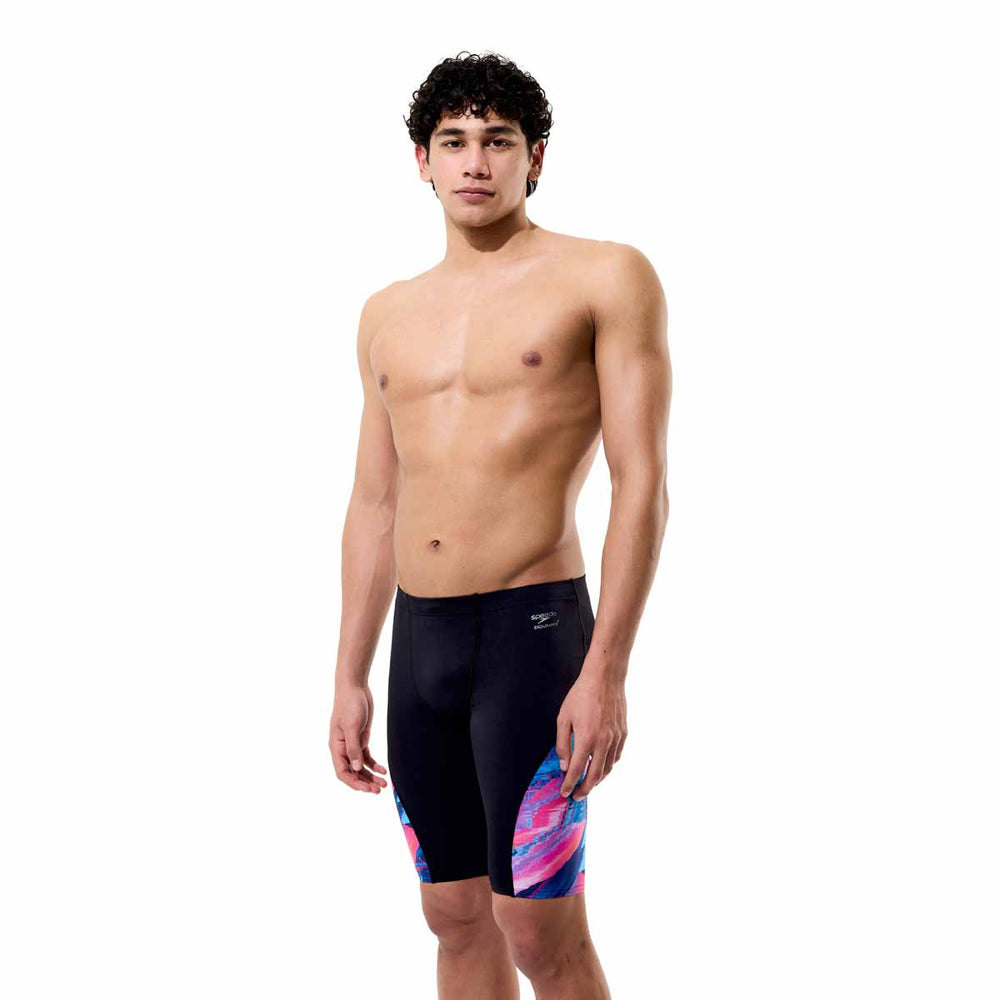 Speedo men's spliced printed jammer in Brushy Glitch-Black, showcasing a sleek, colorful design ideal for competitive swimming.