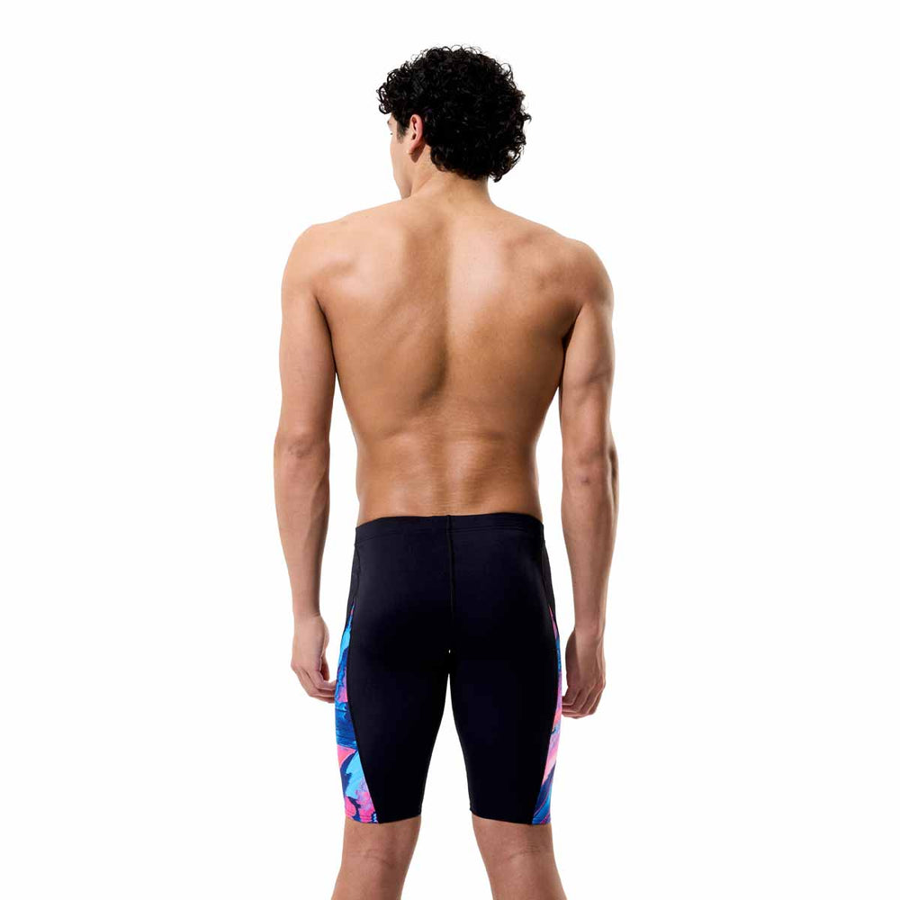 Speedo men's spliced printed jammer in Brushy Glitch-Black with bold, colorful pattern and streamlined fit for competitive swimming.