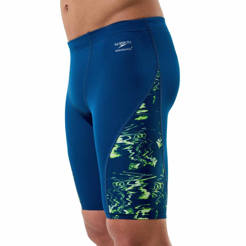 Speedo men's spliced printed jammer in Mirage Time-Denim Teal with sleek design and vibrant teal and printed patterns.