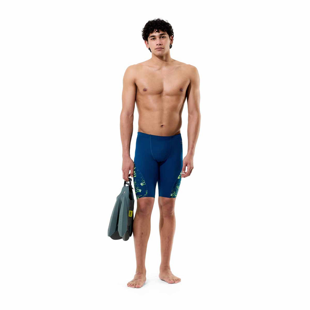 Speedo men's spliced printed jammer in Mirage Time-Denim Teal with a vibrant, patterned design for competitive swimming.