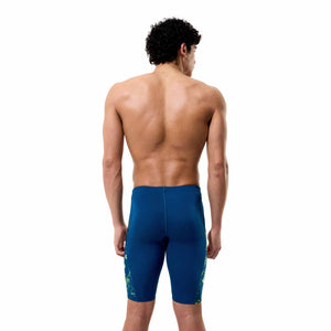Speedo men's spliced printed jammer in Mirage Time-Denim Teal with vibrant blue and teal design for competitive swimming.