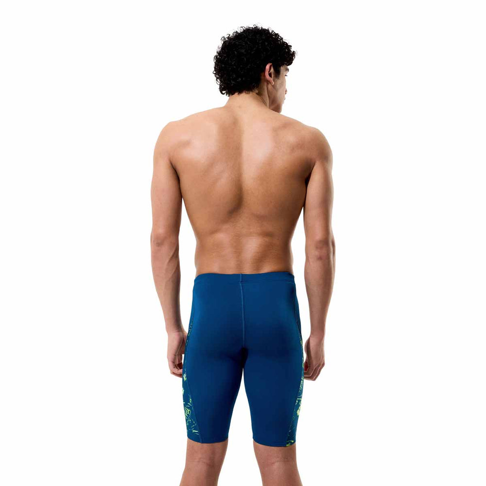 Speedo men's spliced printed jammer in Mirage Time-Denim Teal with vibrant blue and teal design for competitive swimming.