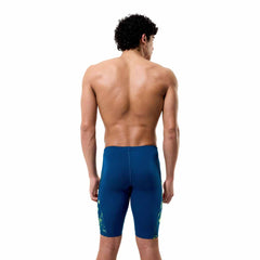 Speedo men's spliced printed jammer in Mirage Time-Denim Teal with vibrant blue and teal design for competitive swimming.