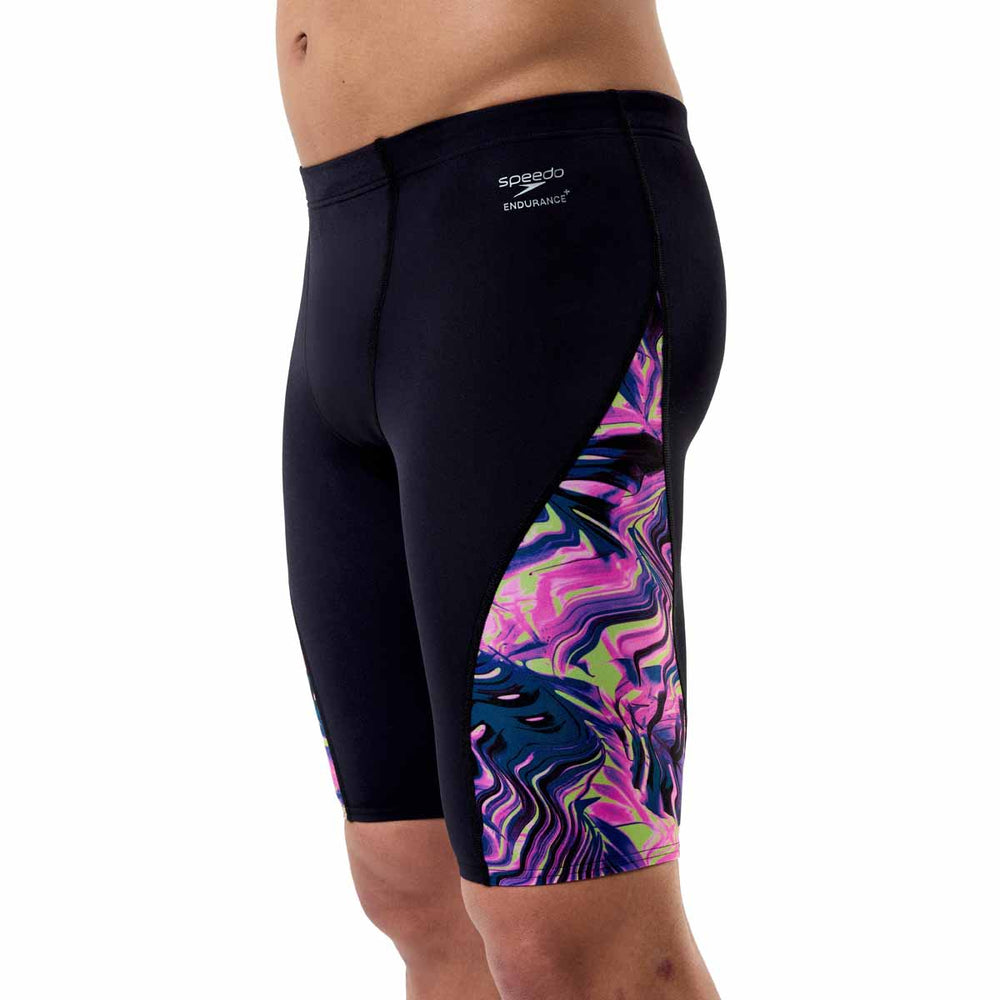 Speedo men's spliced printed jammer in Techno Jungle black with vibrant tropical pattern, designed for competitive swimming.