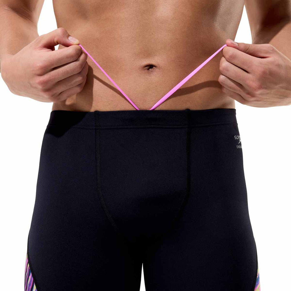 Speedo men's spliced printed jammer swimsuit with techno jungle black design, featuring a sleek, fitted swim jammer for competitive swimming.