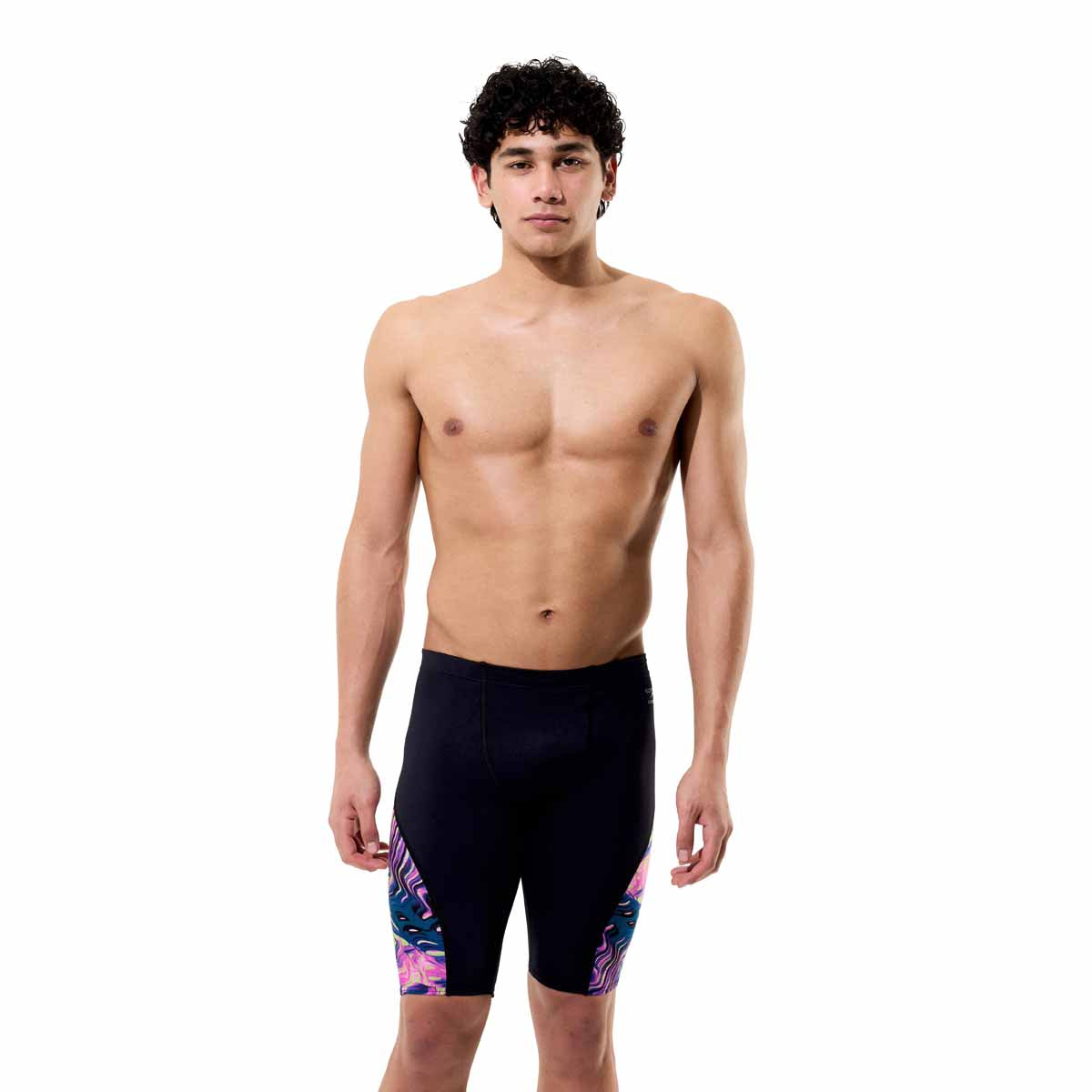 Speedo men's spliced printed jammer swimsuit with techno jungle black design, featuring vibrant pattern and sleek fit.