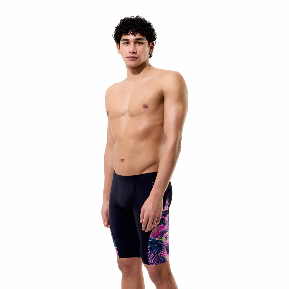 Speedo men's spliced printed jammer swimsuit with techno jungle black pattern, designed for competitive swimming.