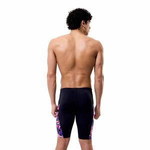 Speedo men's spliced printed jammer featuring a techno jungle black pattern, designed for competitive swimming.