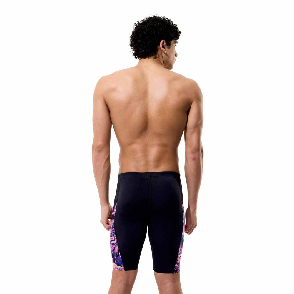 Speedo men's spliced printed jammer featuring a techno jungle black pattern, designed for competitive swimming.