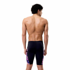Speedo men's spliced printed jammer featuring a techno jungle black pattern, designed for competitive swimming.