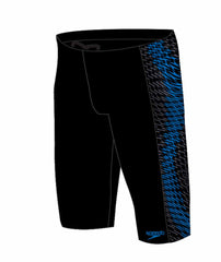 Speedo men's Endurance+ Max Tech Panel jammer in black and blue, showcasing a sleek swimwear design with technical panel details.