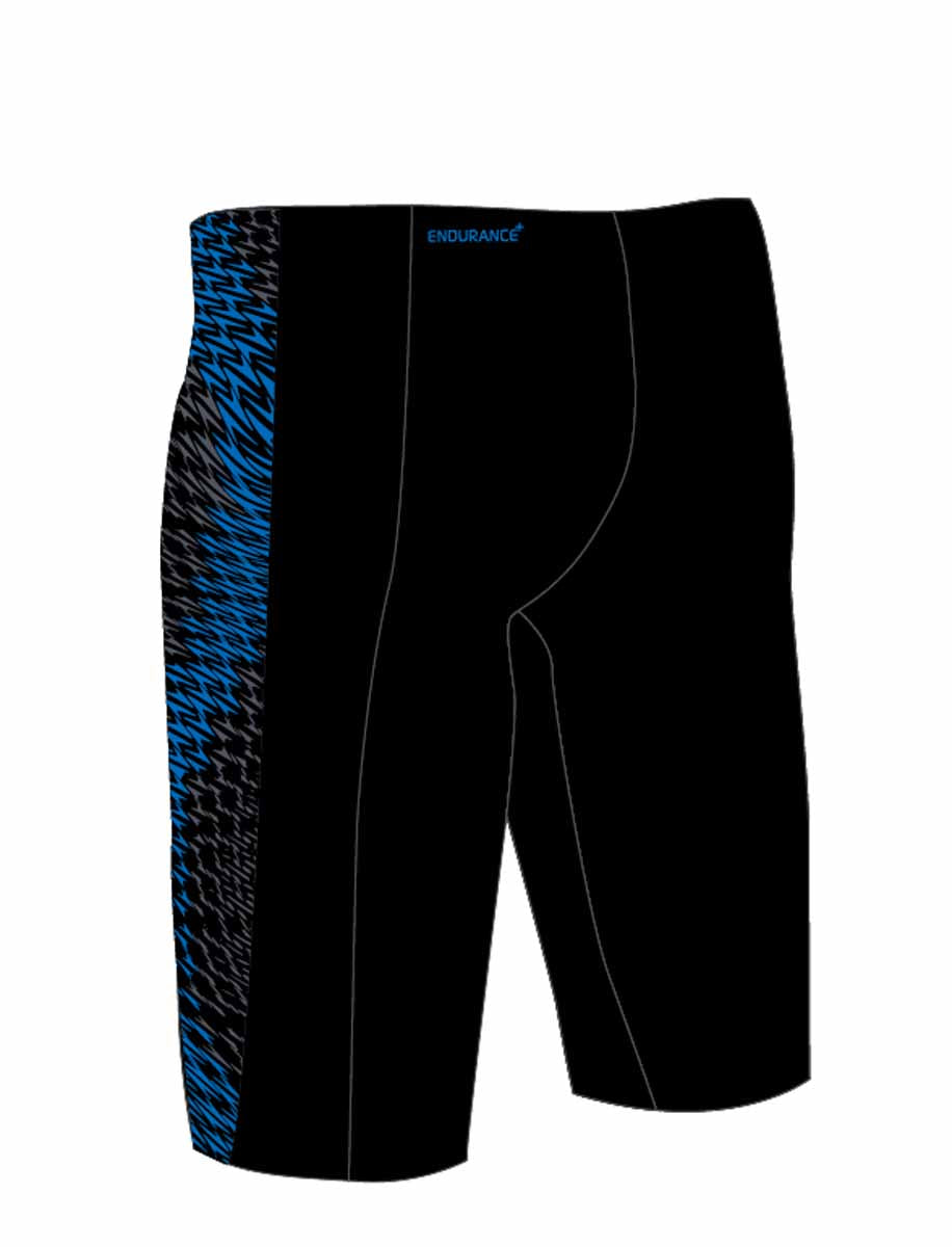 Speedo men's Endurance+ Max Tech Panel Jammers in black and blue, showcasing the sleek swimwear design with technical panels.