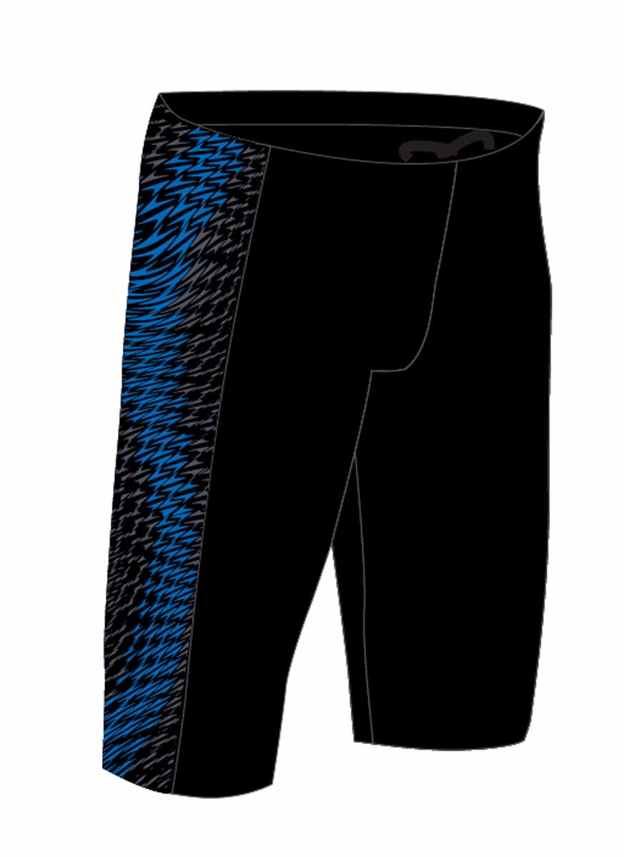 Speedo men's Endurance+ Max Tech Panel jammer in black and blue, showcasing a sleek swimwear design with technical panel details.