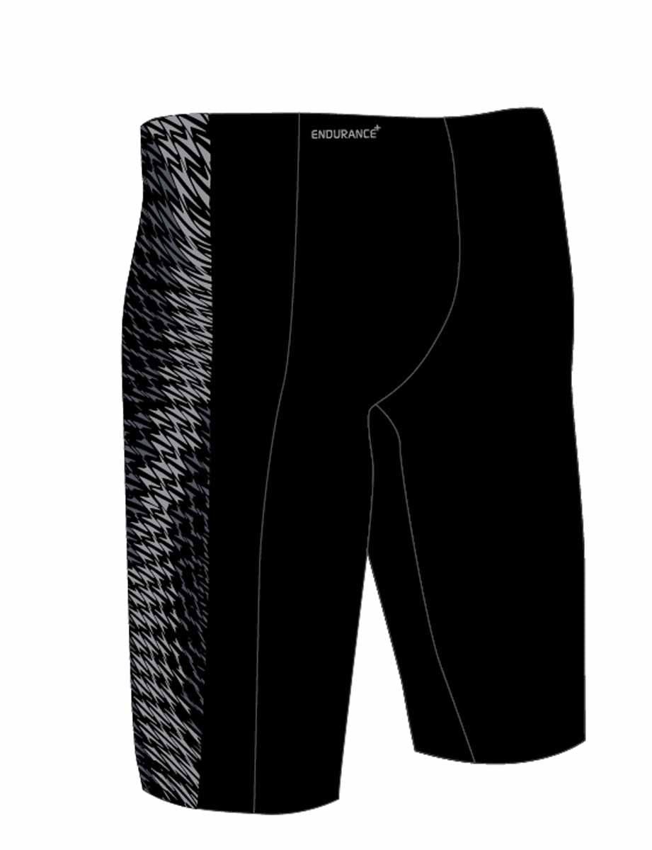 Speedo men's Endurance+ Max Tech Panel jammer in black and grey, featuring a sleek design and durable swimwear material.