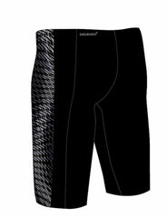 Speedo men's Endurance+ Max Tech Panel jammer in black and grey, featuring a sleek design and durable swimwear material.