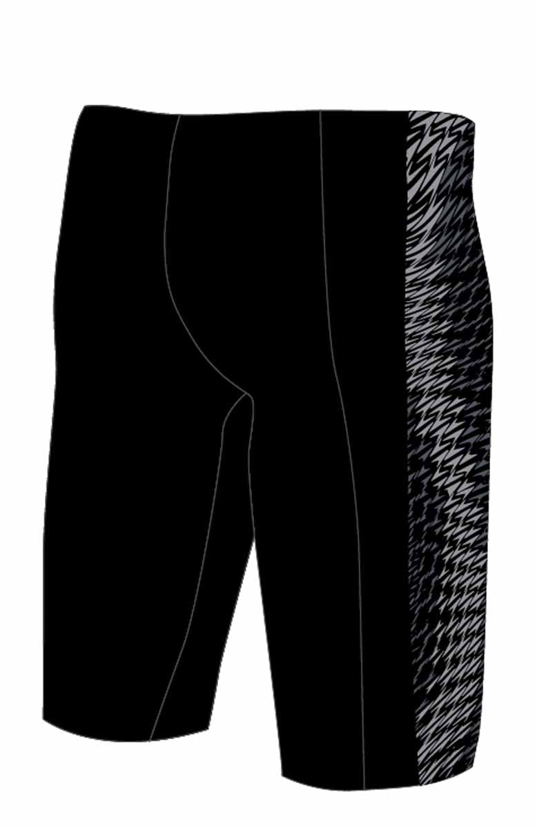 Speedo men's Endurance+ Max Tech Panel jammer in black and grey with sleek design and comfortable fit for competitive swimming.