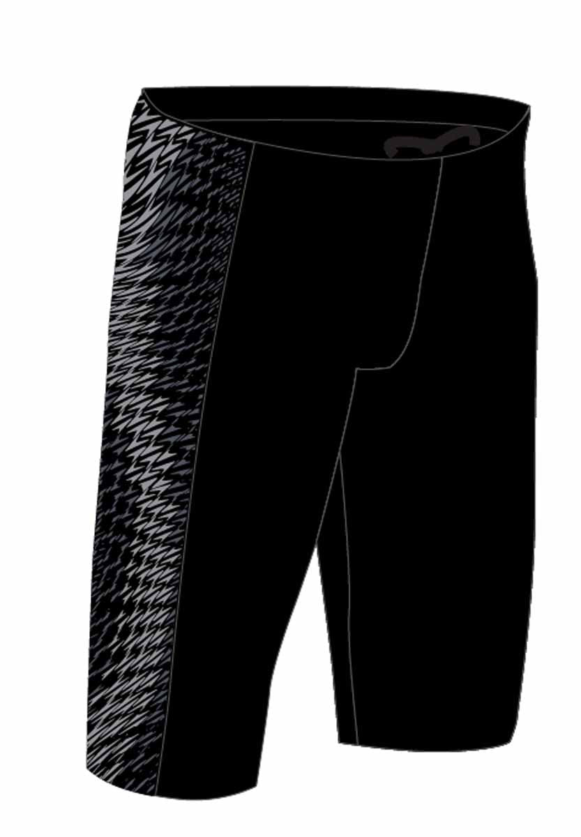 Speedo men's Endurance+ Max Tech Panel jammer swimsuit in black and grey, showing the fitted swimwear with panel design.