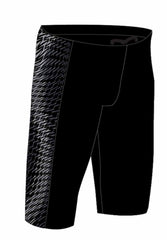 Speedo men's Endurance+ Max Tech Panel jammer swimsuit in black and grey, showing the fitted swimwear with panel design.