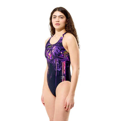 Speedo Women's Midnight Jungle printed Powerback swimsuit with black and jungle-themed design, featuring a supportive swimwear style.