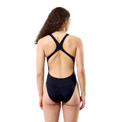 Speedo women's printed Powerback swimsuit in Midnight Jungle black with jungle leaf design, designed for swim training and active swimming.