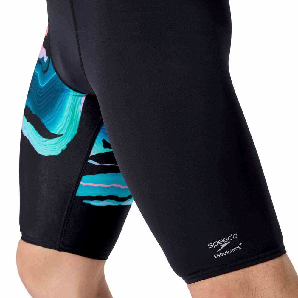 Speedo men's ML placement printed jammer in canyon ombre and black, featuring a sleek, fitted swimwear design for competitive swimming.