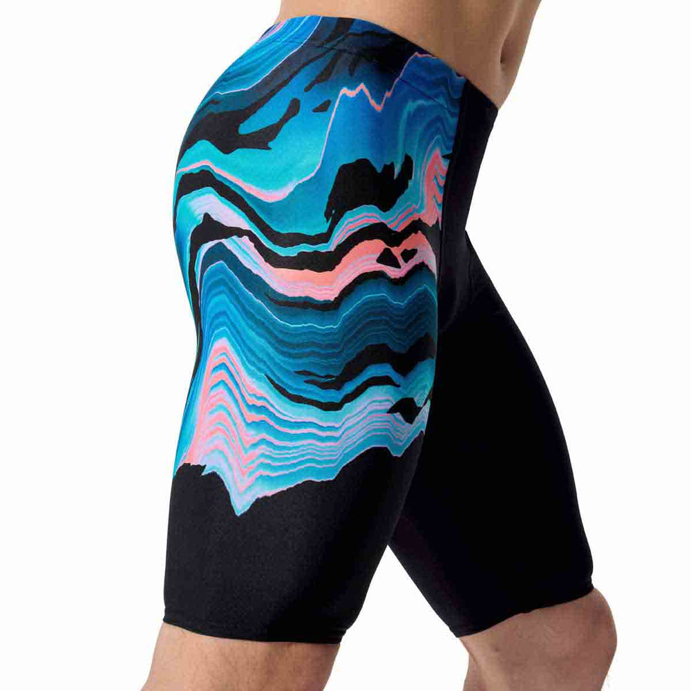 Speedo men's jammer swimsuit with canyon ombre and black print, featuring a sleek, fitted design for competitive swimming.