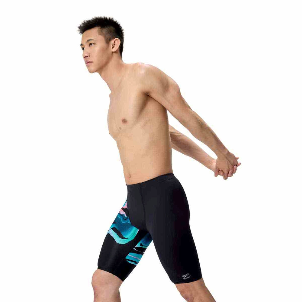 Speedo men's ML placement printed jammer in canyon ombre and black, showcasing its sleek design and comfortable fit.