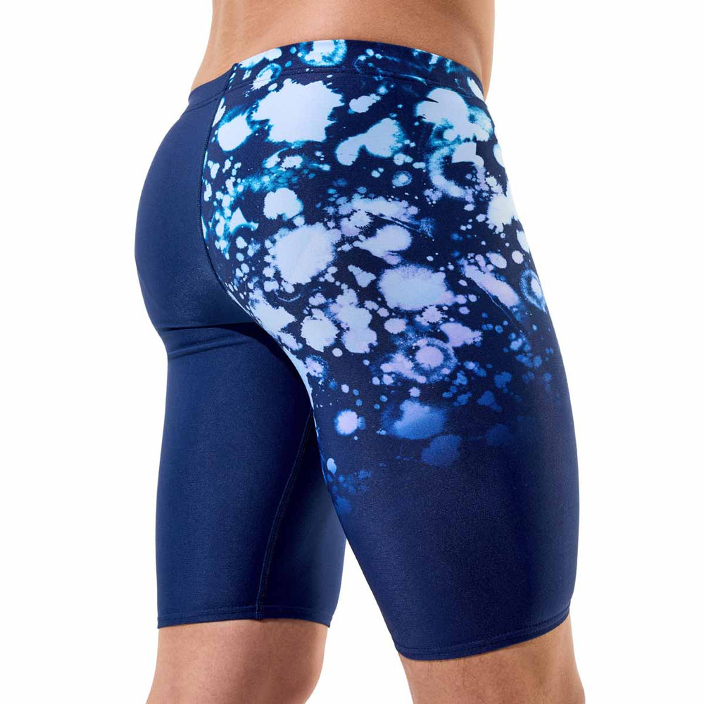 Speedo men's printed jammer in Moonglow Smoke-Navy with colorful geometric patterns, designed for competitive swimwear.