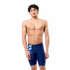 Speedo men's printed jammer swimsuit in Moonglow Smoke-Navy with colorful geometric patterns, designed for competitive swimming.