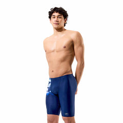 Speedo men's printed jammer in Moonglow Smoke-Navy with colorful geometric pattern, designed for competitive swimwear.
