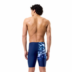Speedo men's printed jammer swimsuit featuring a moonglow smoke and navy design, designed for competitive swimming.