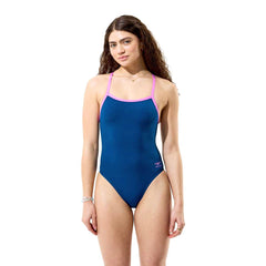 Speedo women's solid teal turnback swimsuit with adjustable straps and full coverage, ideal for swimming and water activities.