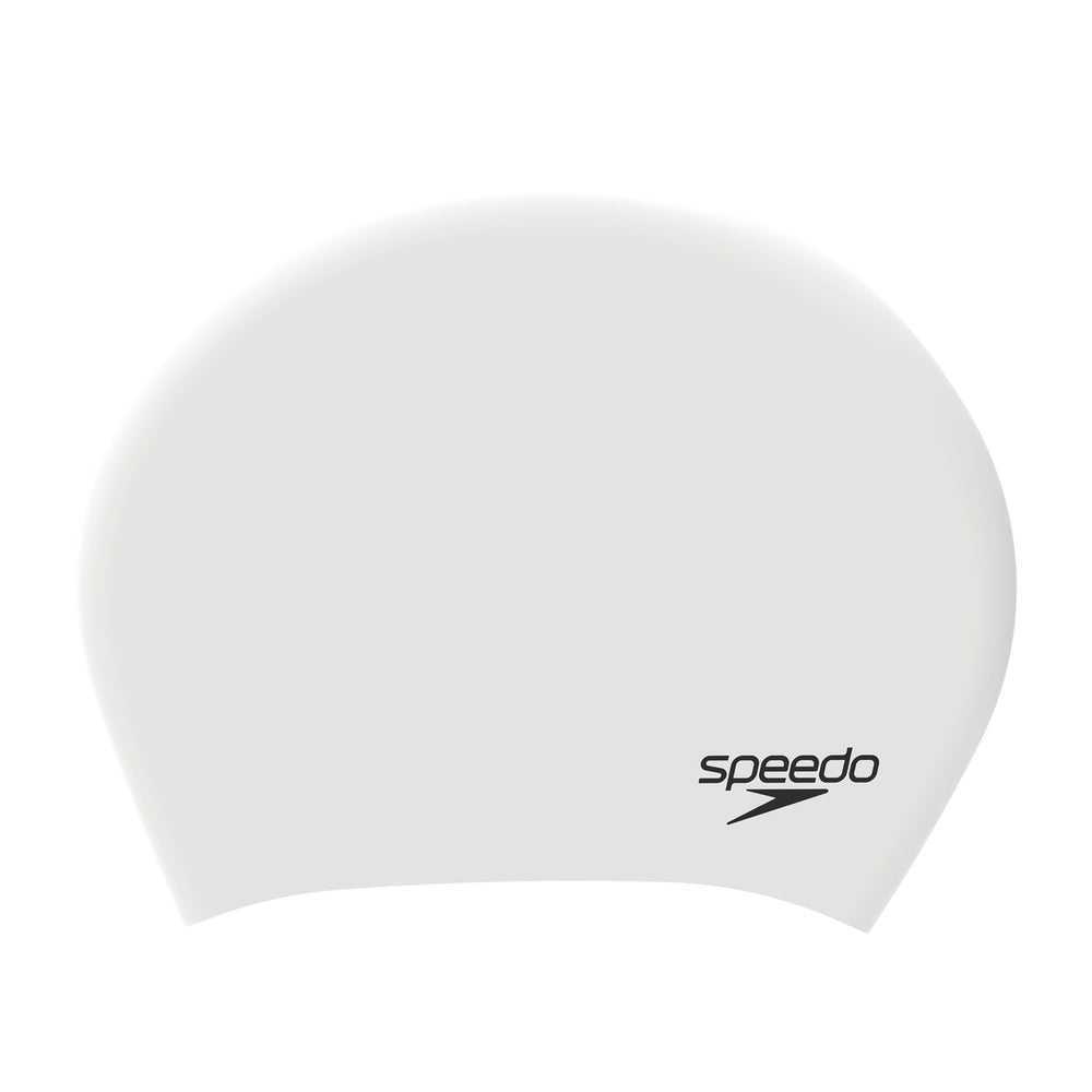 Speedo long hair swim cap in white and black, designed for comfortable fit and protection during swimming.